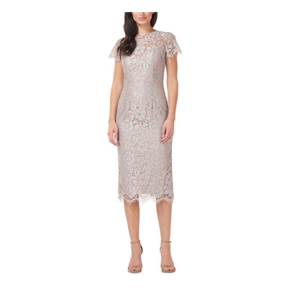 JS COLLECTION Womens Silver Short Sleeve Below The Knee Evening Sheath Dress 14